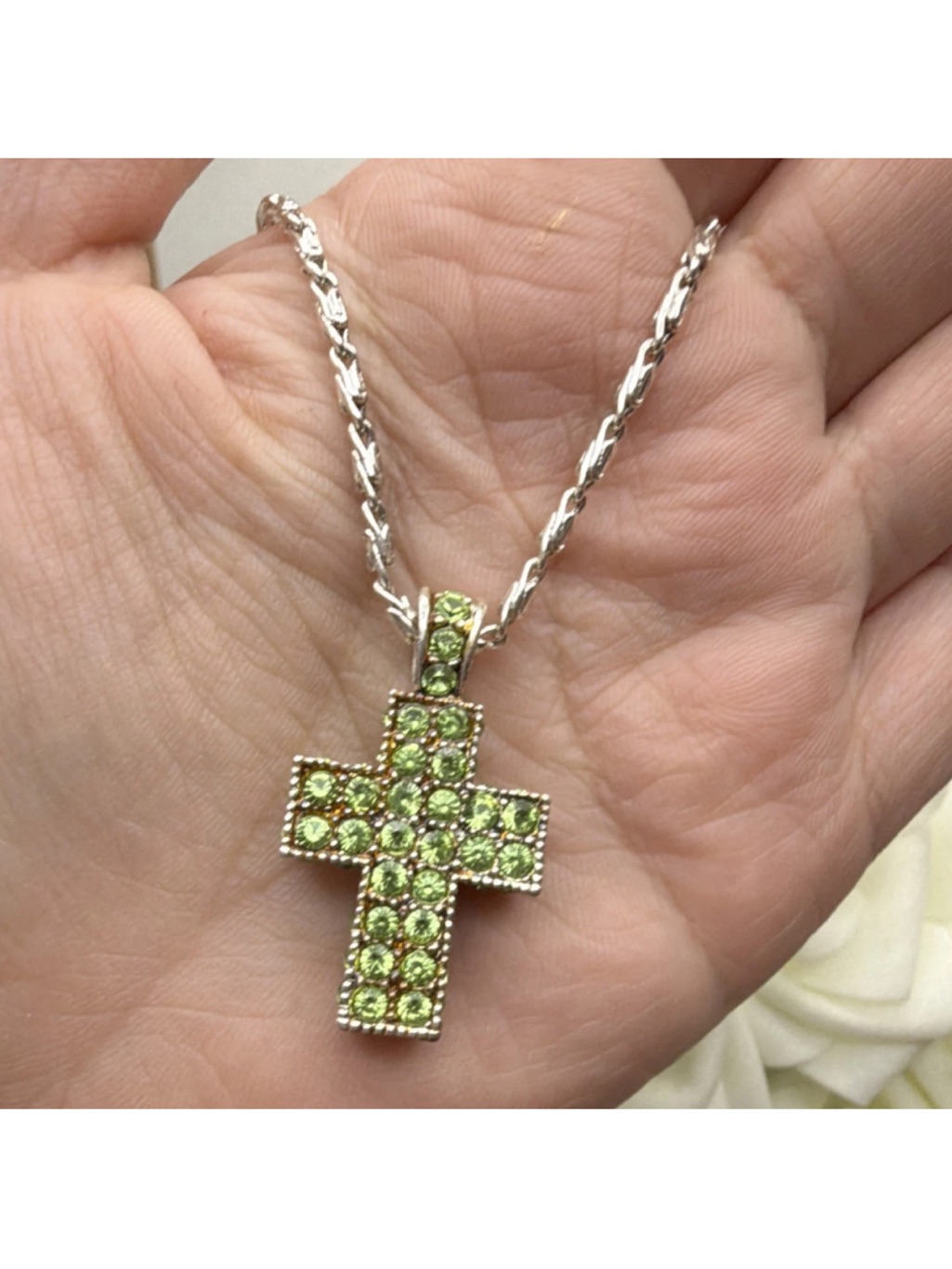 Silver Cross Pendant Necklace With Peridot Green Crystals